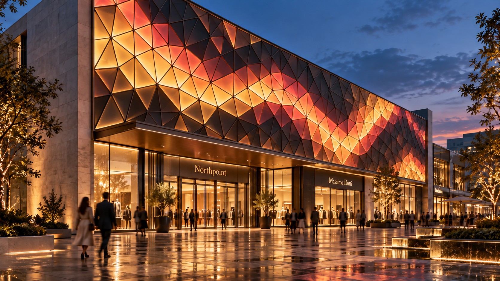 A façade clad in large luminous triangular cells, seen from the street at dusk