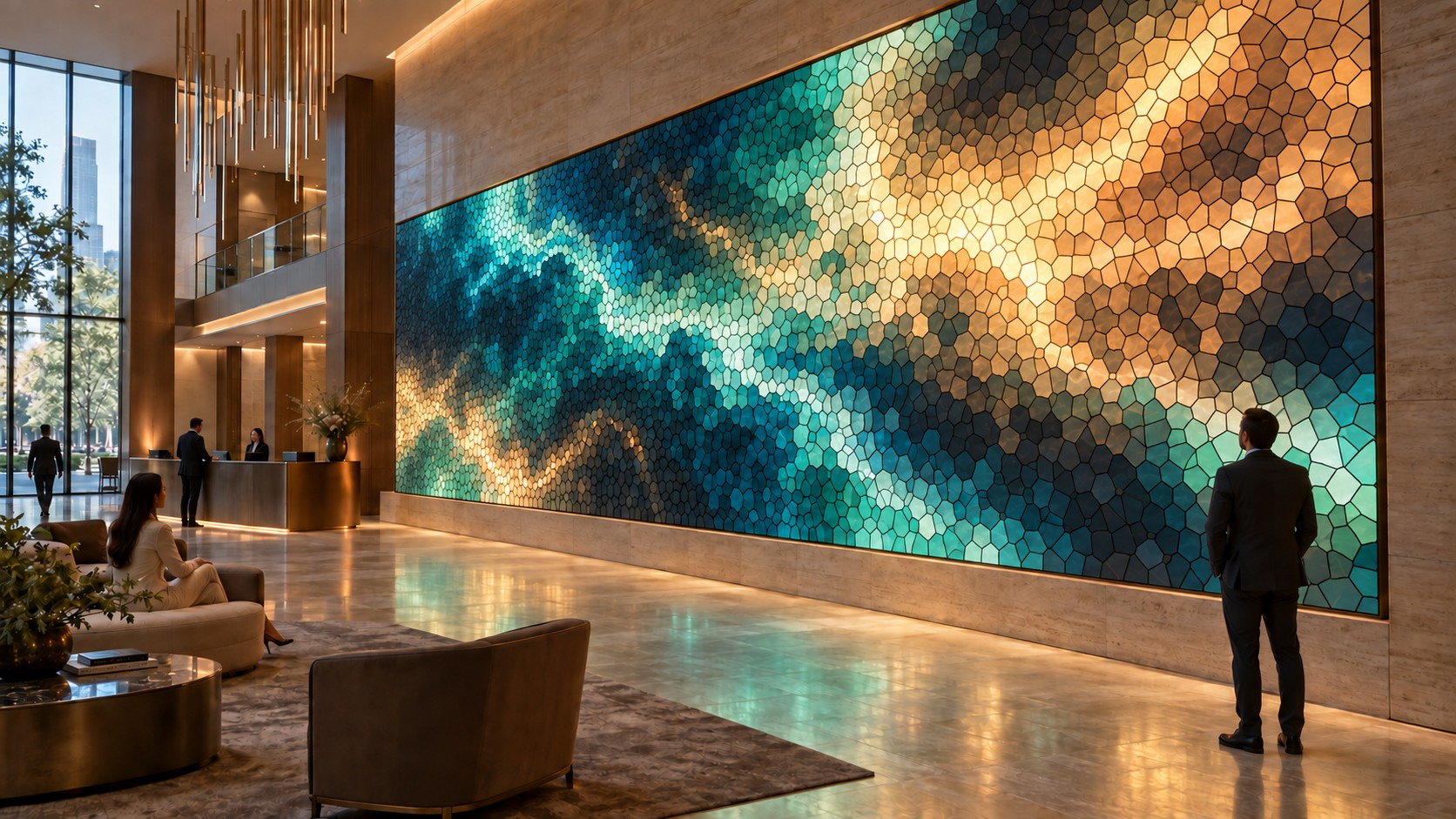 A hotel lobby wall clad in a continuous luminous Cellular surface at storey height